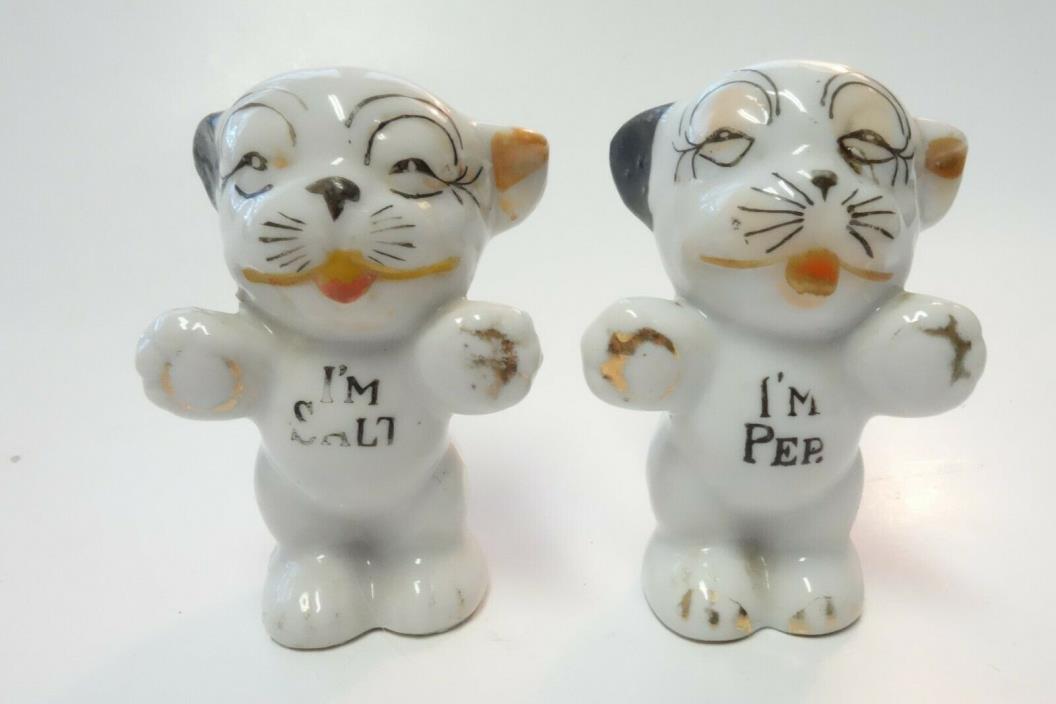 VINTAGE SALT & PEPPER SHAKERS BONZO DOG I'M SALT I'M PEPPER CERAMIC CORKS JAPAN