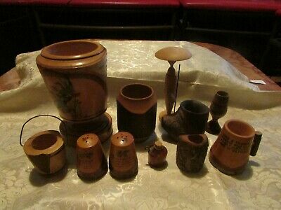 HAND CARVED WOODEN SOUVENIRS VASE/SALT N PEPPER SHAKERS/MISC. ITEMS LOT OF 12