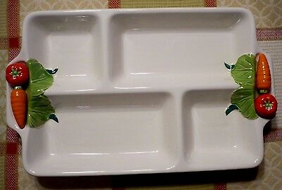 Vintage porcelain four-section tray with colorful, hand-painted vegetables. Exc