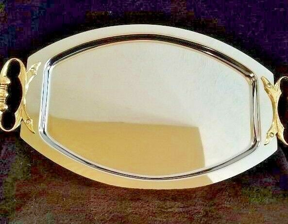Kromex Serving Tray - Vintage Chrome Stainless Steel, Gold Handles, Made in USA