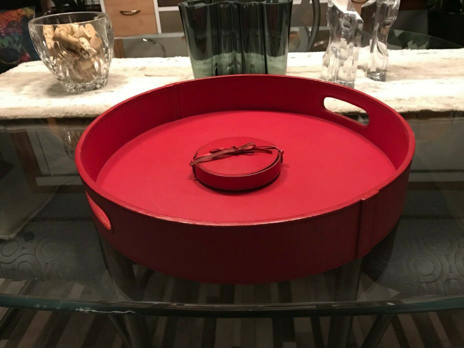 Red Leather Round Serving Tray with handles & 4 Coasters Set