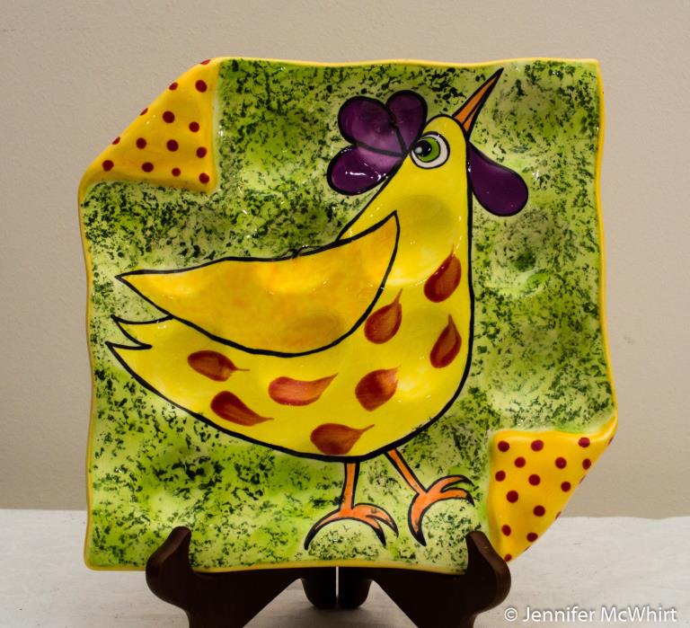 USA-Made Hand-Painted Stoneware Deviled Egg Dish w/ Roosters by Peg's Ceramics