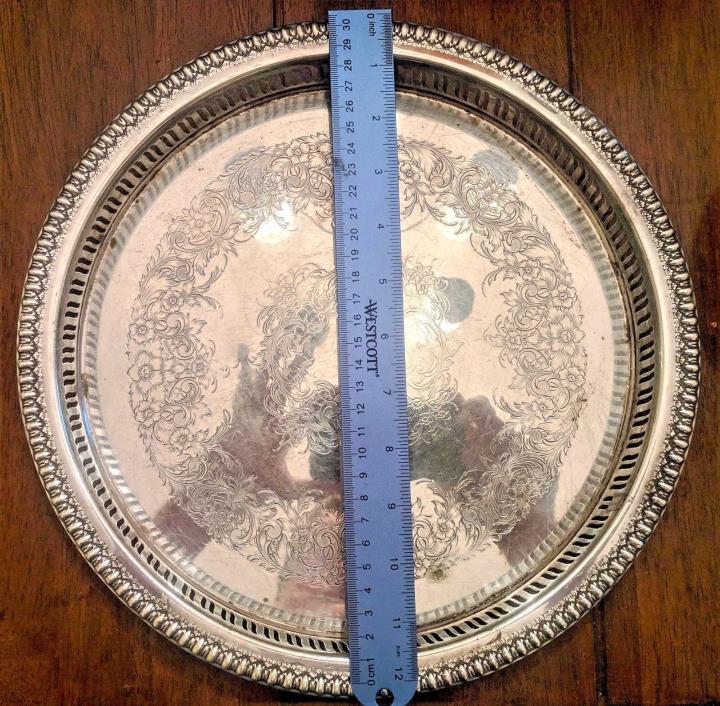ANTIQUE Unknown Vintage Silver Serving Tray 12 in. x 1 in.Floral, Vented Sides