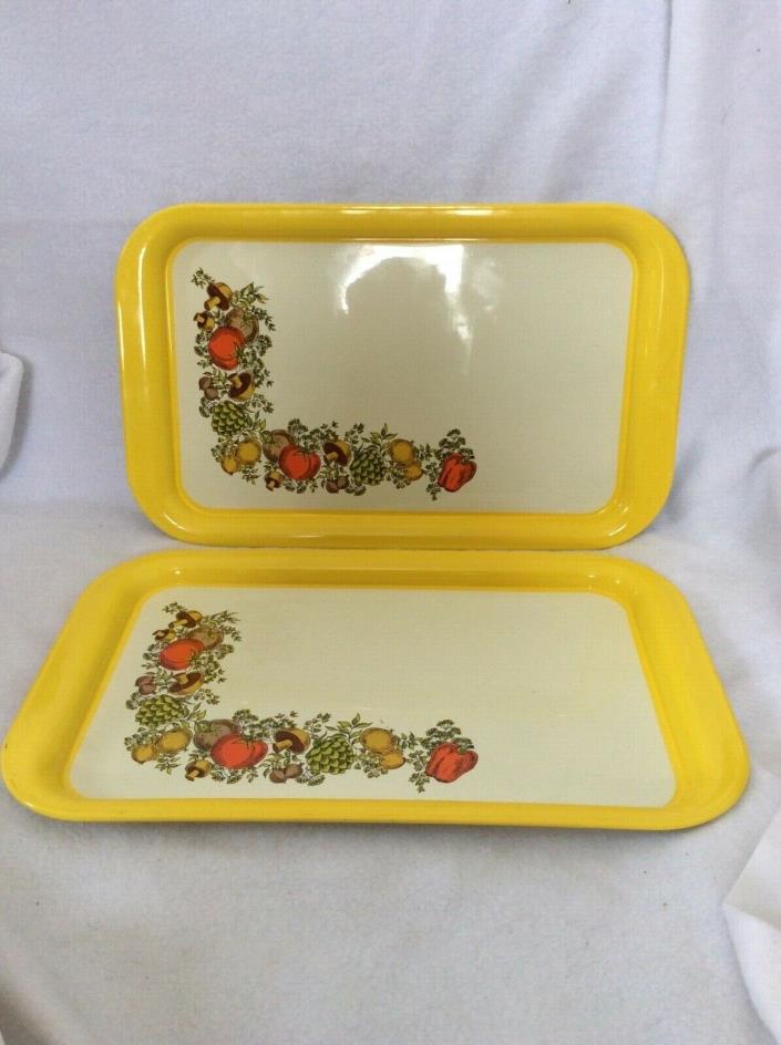 Two Small Vintage/Retro Yellow and Vegtables Metal Lap Top Serving Trays