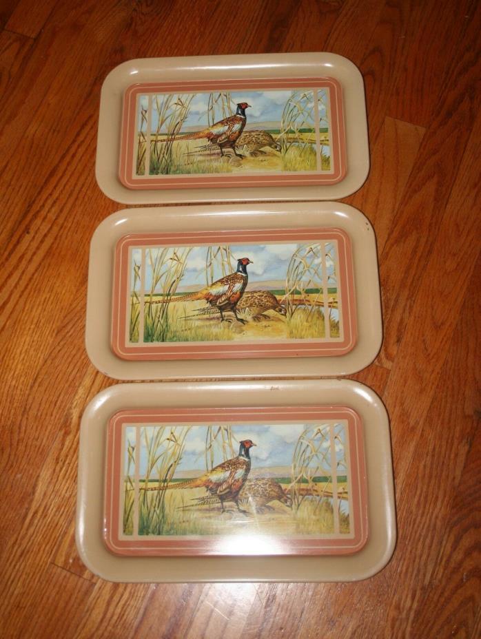 (3) Metal Lunch Trays Serving Trays Lap TV Dinner Trays Pheasants Grouse  EUC