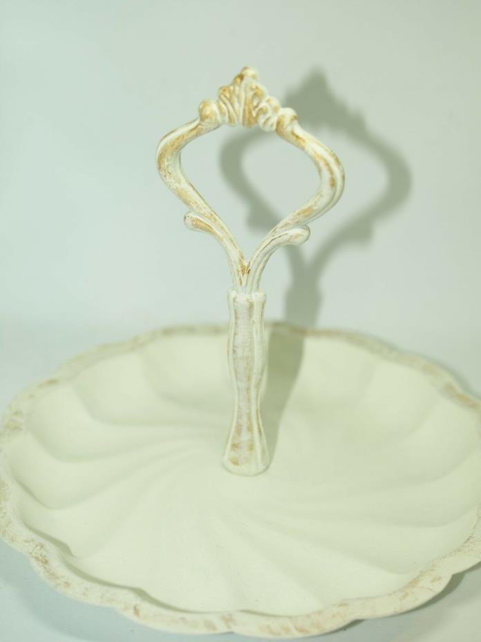 Vintage Tidbit Tray Upcycled w/Ivory Chalk Paint/Gold Accents-018