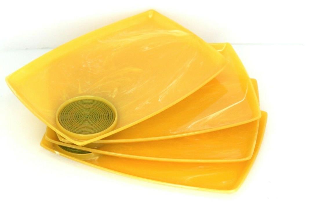 Set of 4 Vintage Mid Century Yellow Marbled Plastic Snack Trays with Cup Holders