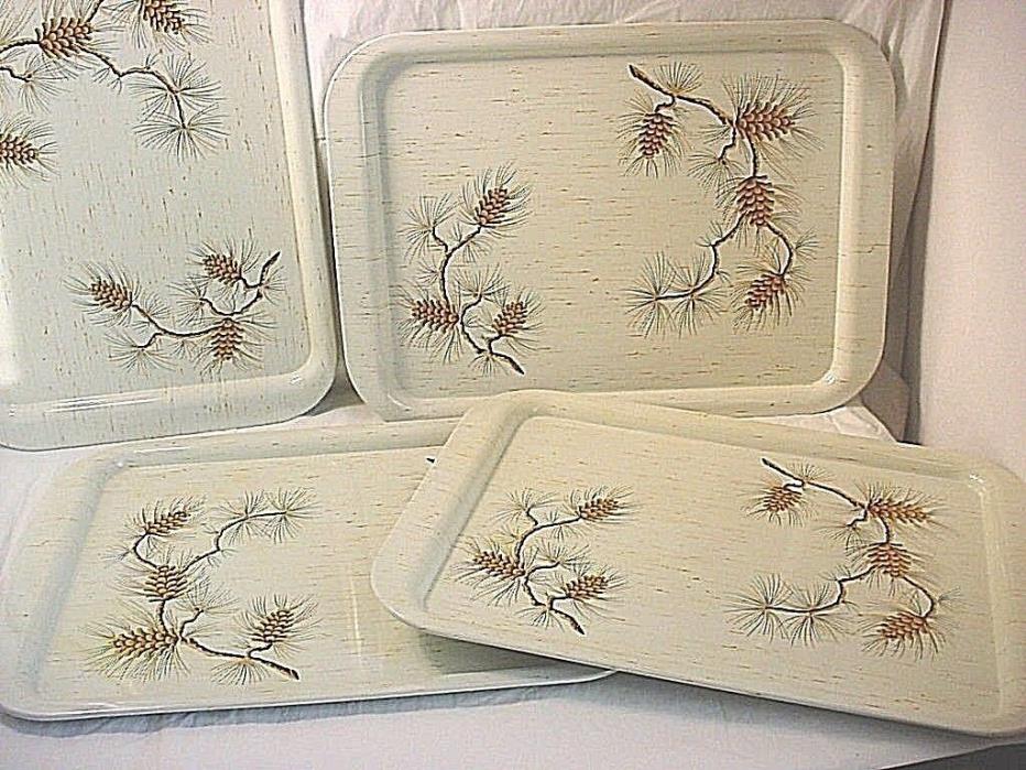 Vtg Metal Birch Serving Trays Pine Branches Midcentury 13 by 17 Inch Lot of 4
