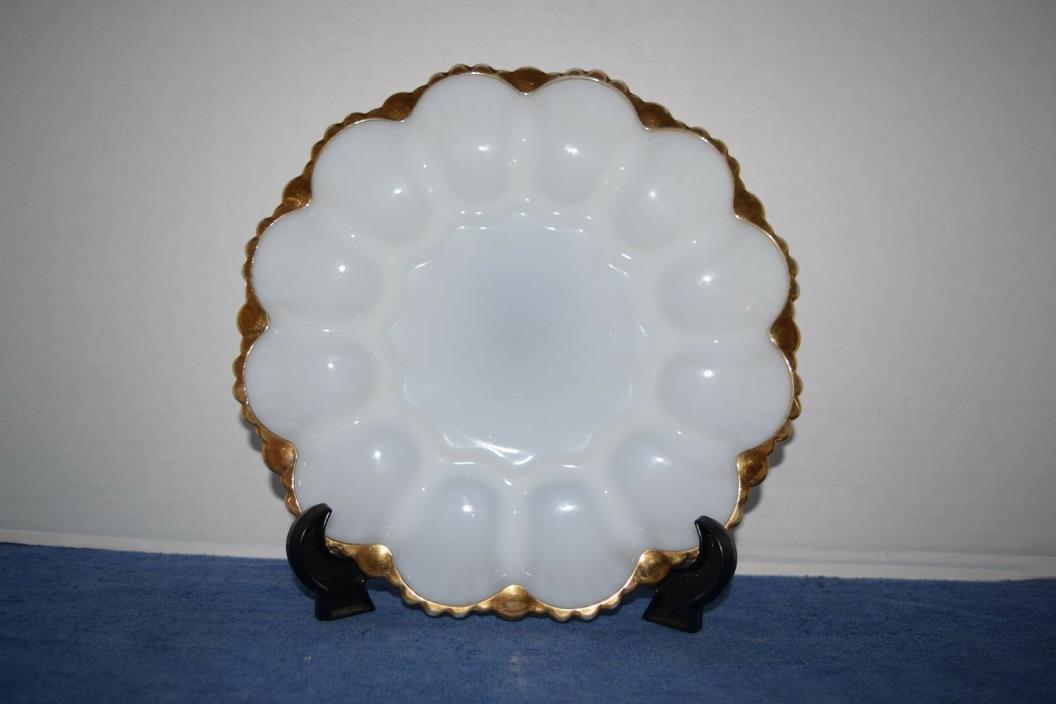 Milk Glass Deviled Egg Dish  Plate Serving Tray Relish Tray Gold Trim