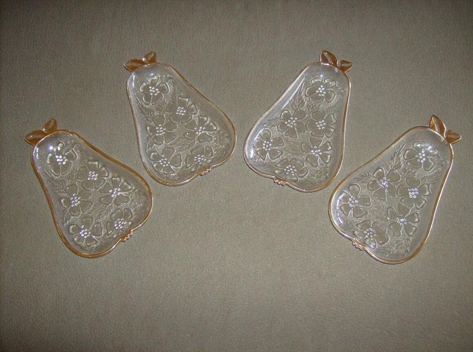 Set of 4 Serving Trays Gold Trim Clear Pear Shaped Glass Candy Dish Hazel Atlas