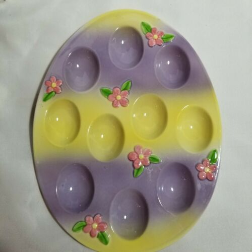 Ceramic Deviled Eggs Tray Egg Shaped Plate Pink Flowers 8