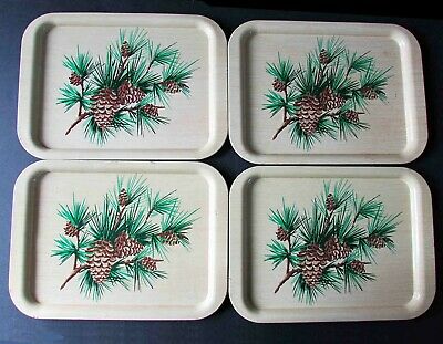 Set 4 Vintage Metal Serving TV Tray Table Pine Cone Evergreen Woodgrain  FREE SH