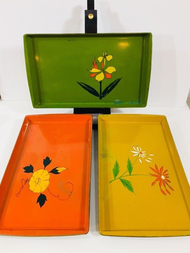 Vintage Mid Century Set 3 Norleans Lacquer Ware Serving Trays Groovy Floral