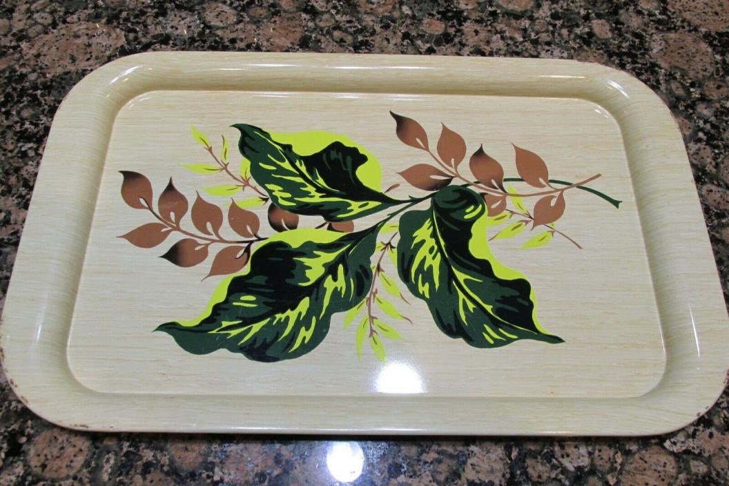 Vintage Metal Serving Lunch Tray Leaves Green Yellow Brown 14.25