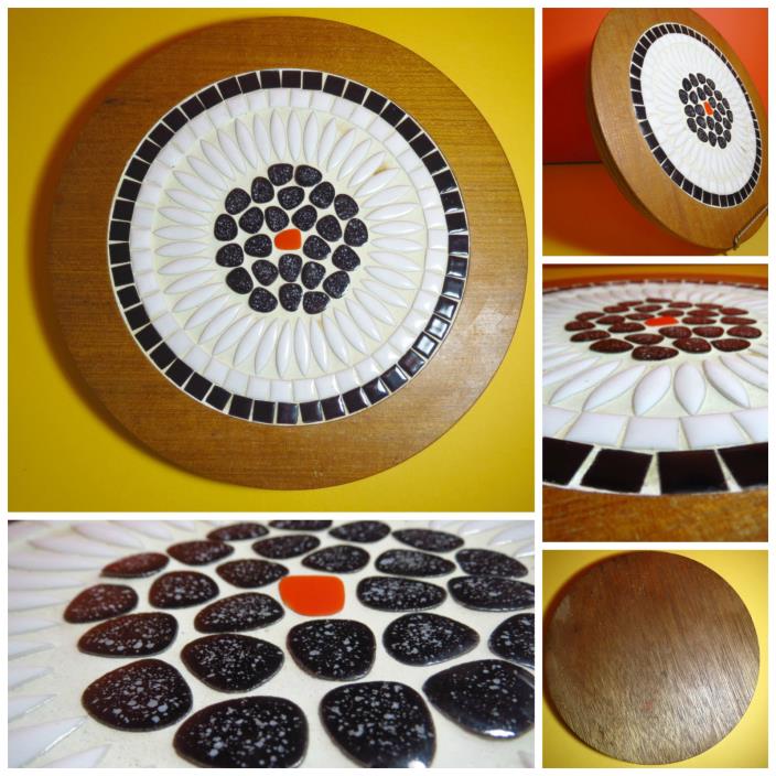 VTG 1960s MID Century Modern Mosaic Tile Stone Pebble Wood Trivet Board Tray