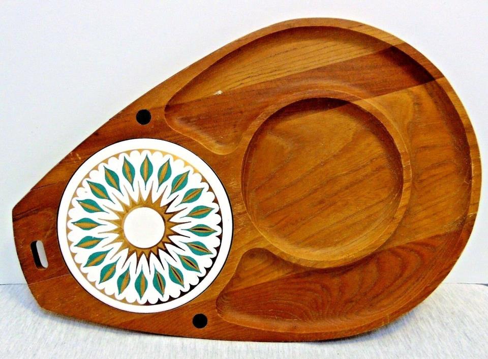 Vtg Woodcrest by Styson Snack Serving Dish Platter Wooden has Ceramic Round Tile