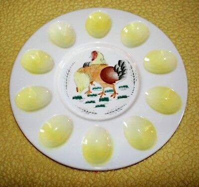 Vintage Deviled Egg Plate Two Hens Chickens in Center White & Yellow 10 M510