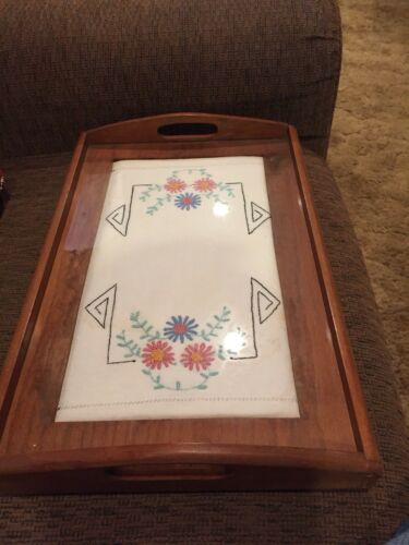 Vintage Wood Serving Tray W/ Glass Covered Embroidery Design-19”x 12.5”