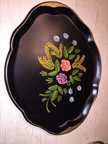 VINTAGE HAND PAINTED BLACK TRAY with PRETTY FLOWERS