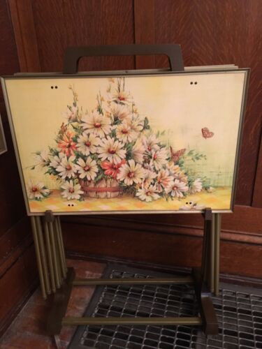 Set 4 Vintage Floral Flowers & Butterflies Metal TV Trays w/ Rolling Stand