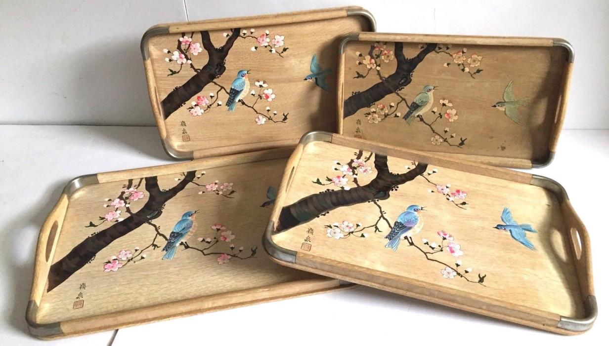 Vintage Bamboo Hand Painted Nesting Serving Tray Set - Japan - Set Of 4