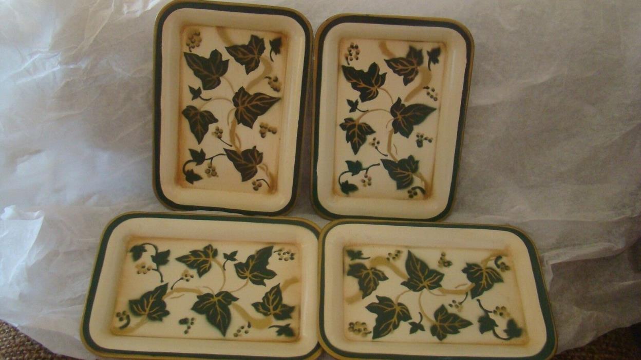 VINTAGE SOCIAL SUPPER GREEN IVY gold ivory small METAL TRAYS SET OF 4   EXC
