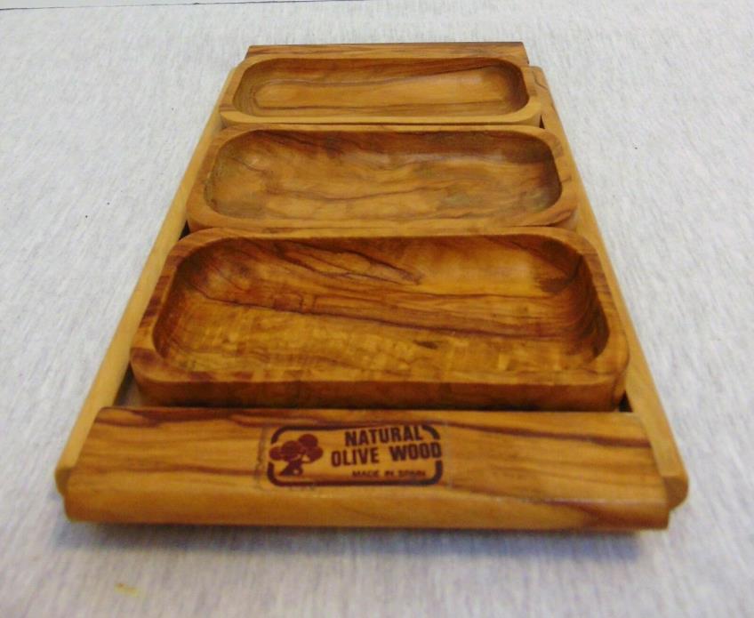 Natural Olive Wood Serving Tray w/ 3 Dish Made in Spain