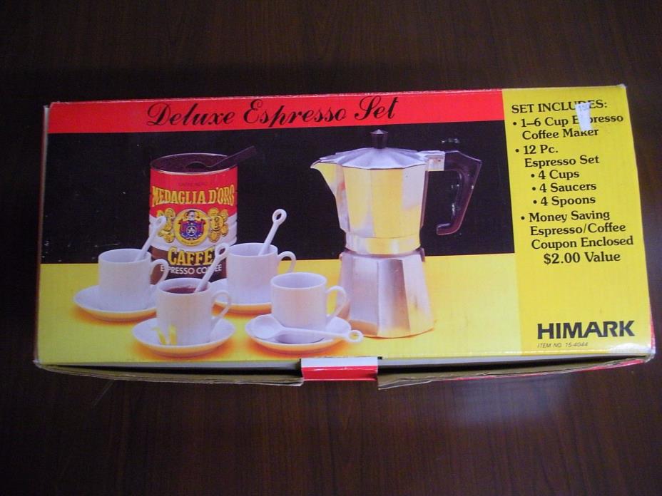 VINTAGE HIMARK EXPRESSO COFFEE MAKER SET ITALY 4 CUPS/SAUCERS & SPOONS euc