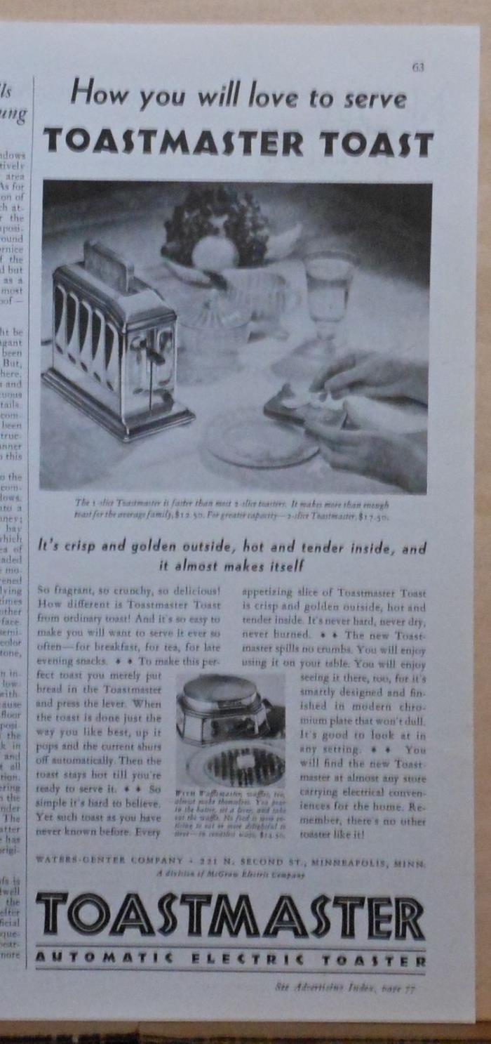 1931 magazine ad for Toastmaster Automatic Electric Toaster, Love to serve toast