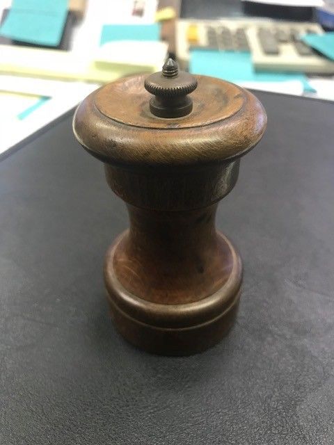 Antique vintage wood black pepper grinder, maybe English stamped, Old