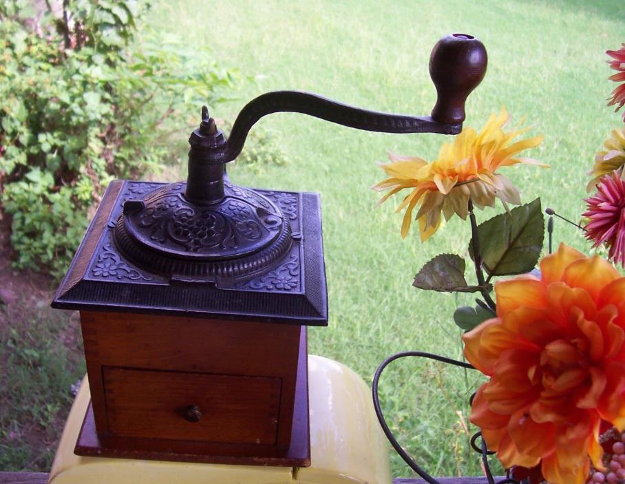 Antique Ornate Coffee Grinder Mill Manual Hand Crank Vintage Wood Dovetailed