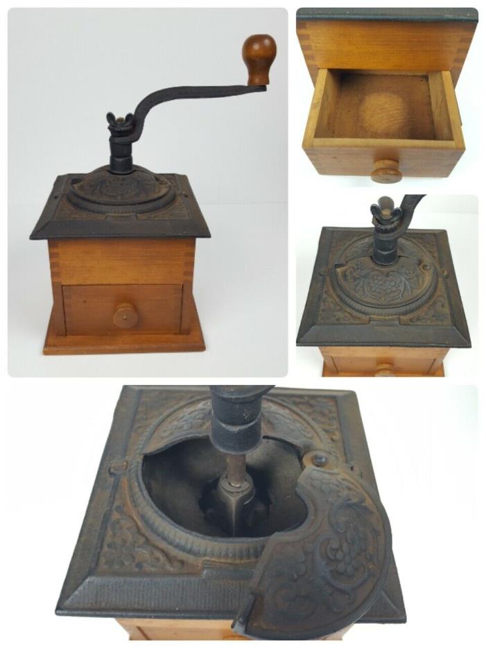 Vintage Antique Wood Cast Iron Coffee Grinder Collectible EUC