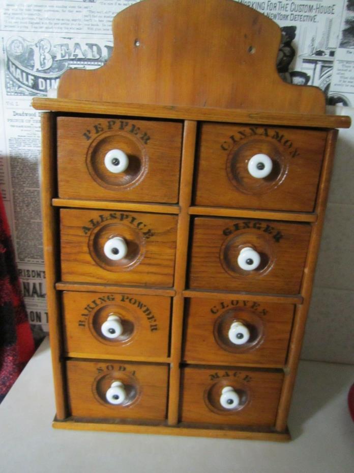 Excellent antique oak spice rack with drawers & porcelain pulls