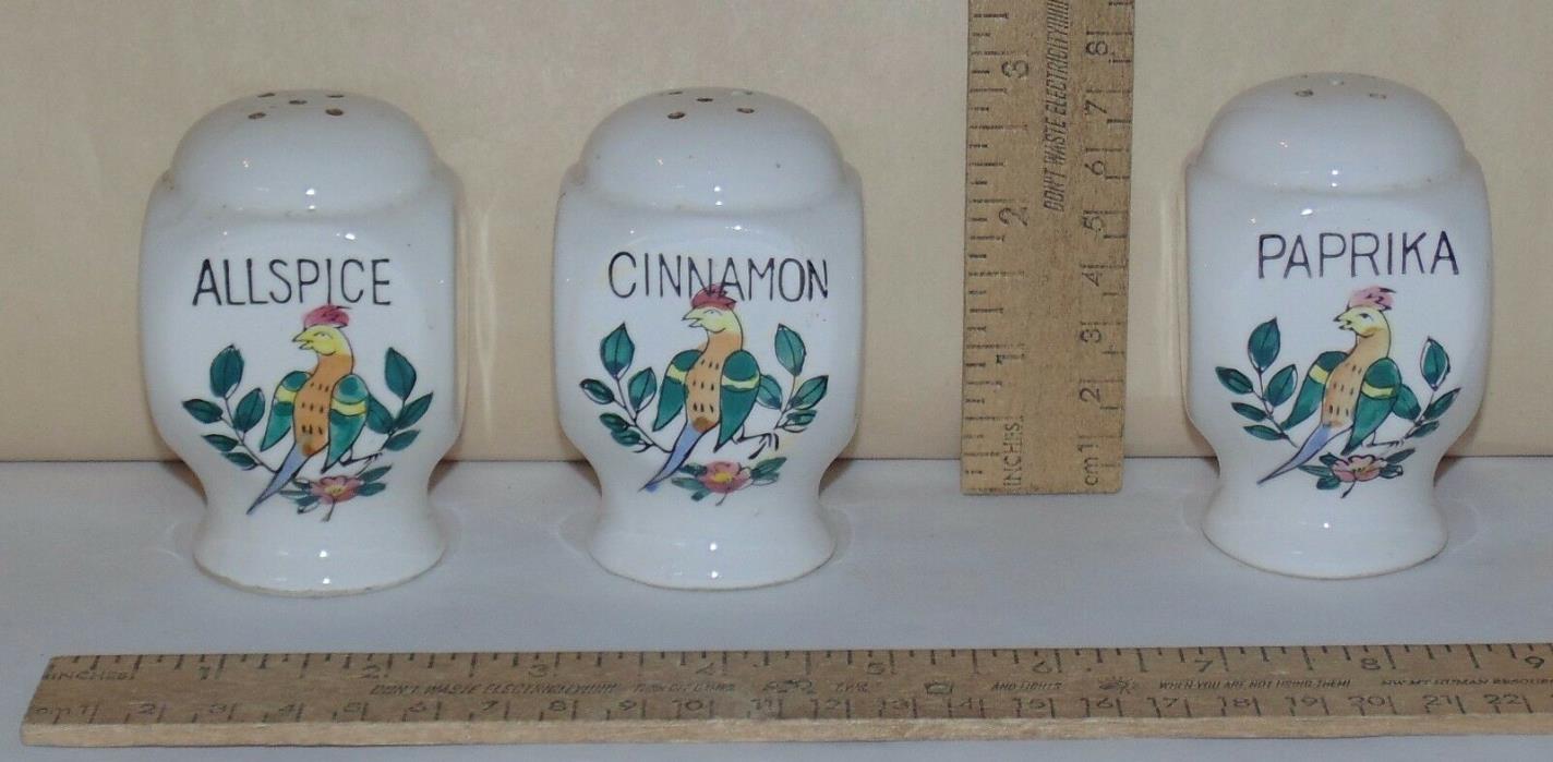3 Ceramic SPICE SHAKERS - Each with TROPICAL BIRD on one side - ALLSPICE / CINNA