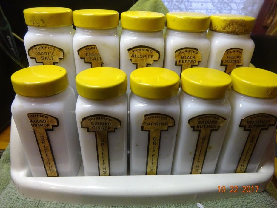 Vintage Yellow Griffith's Milk Glass Spice Jar Set of 10 in White Plastic Shelf