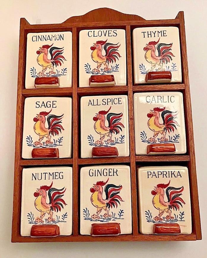 Ceramic Hanging Spice Wooden Rack Roosters Japan 60’s
