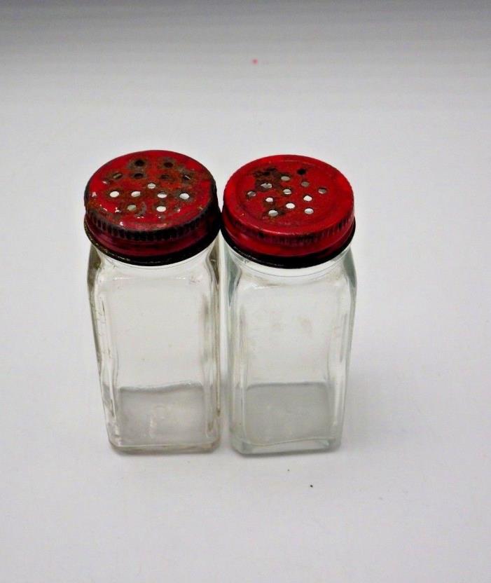 vintage Graham Clear Glass Salt Pepper Shakers Spice Jars Red Metal Lids Cottage