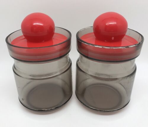 Set of 2 Retro 1970's Acrylic Kitchen Canister Spice Jars W/ Red Lids (RF654)