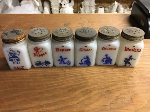 Antique VTG Set Of 6 Milk Glass Spice Shakers Blue & Red Dutch Lithos Caps White