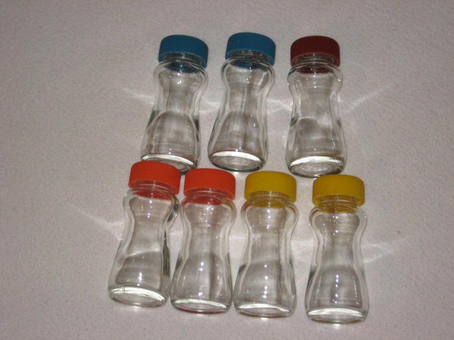 Vintage Glass Spice Jars w/ Plastic Caps Orange/Yellow/Blue/Brown 1970s Lot of 7