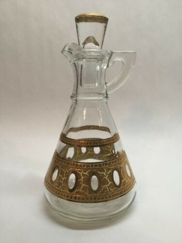 Culver Ltd Antiqua Cruet With Glass Stopper Gold Bottle Jar Vtg. B3