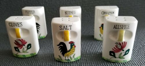 6 VINTAGE HAND PAINTED CERAMIC ROOSTER SPICE SHAKERS-MADE IN JAPAN-CORK STOPPERS