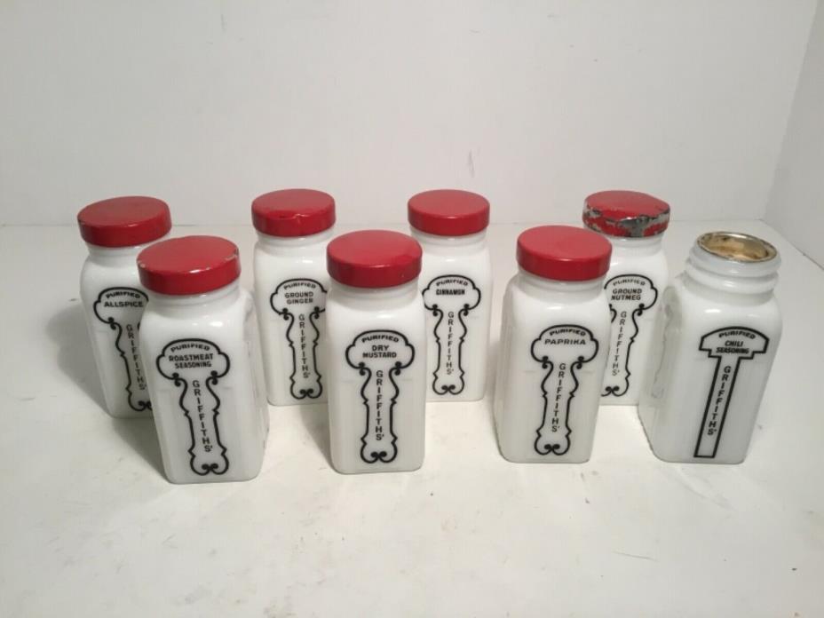 Vintage Griffith’s White Milk Glass Spice Jars, Red Lid, Set of 8
