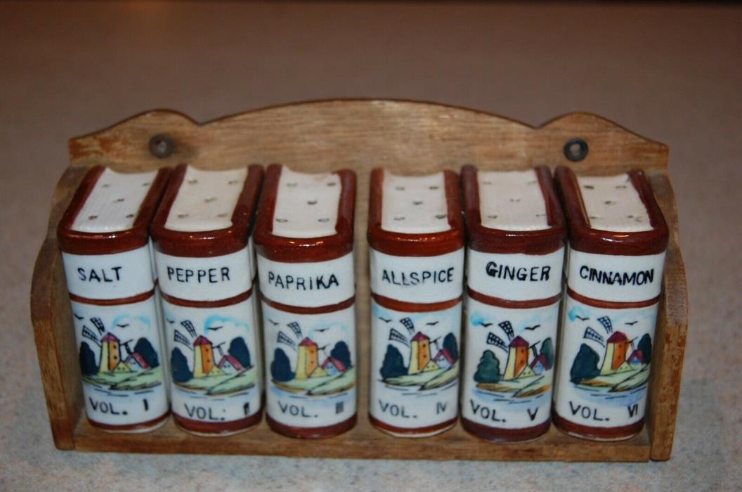 Vintage 6-piece Windmill Spice Set w/Rack - Shakers Books - Made in Japan Nice