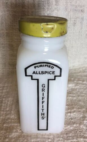 Griffith’s Spice Jars Milk Glass Early Graphics Yellow Cap ALLSPICE