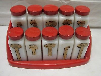 Early Art Deco Griffiths Spice Set w/Red Modern Rack Milk Glass Jars Metal Lid