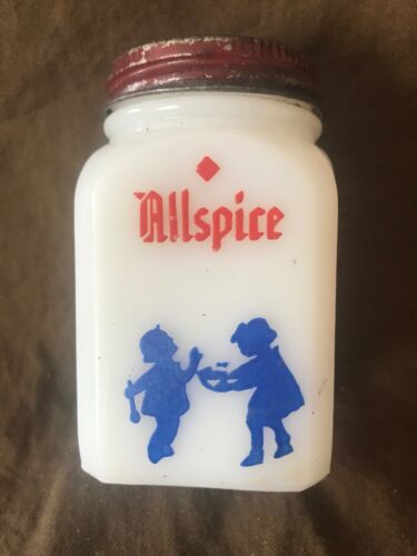 1 DEPRESSION ERA MILK GLASS SPICE JAR RED LID BLUE DUTCH THEME FIGURES