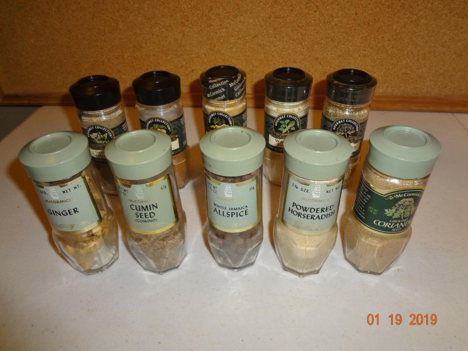 Lot of 10 McCormick Filled Glass Spice Jars - Ginger Wasabi Anise & Others