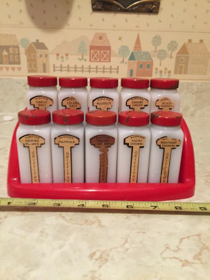 Vintage Griffith's Spice Rack Set of 10 Red Lid Jars and Red Rack 1950's