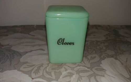 1990's  Pristine Green Jadeite Spice Box Jar w/ Lid / Cloves